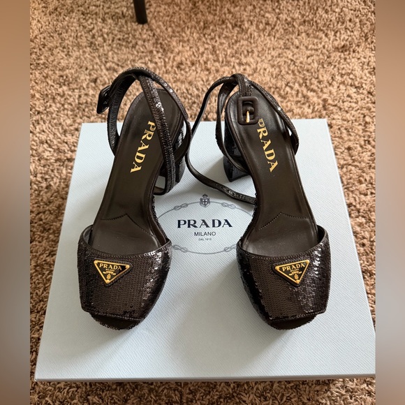 Prada Shoes - Prada Black Sequin Square-Toe Block Heel Sandals